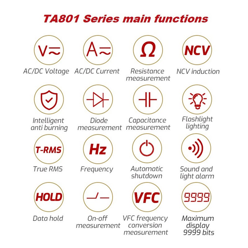 مقياس رقمي متعدد الوظائف TASI TA801C - مقياح احترافي - مقياس متعدد الوظائف RMS حقيقي - مقياح متعدد الوظائف صغير النطاق التلقائي - مقياس الجهد OHM NCV - Image 3