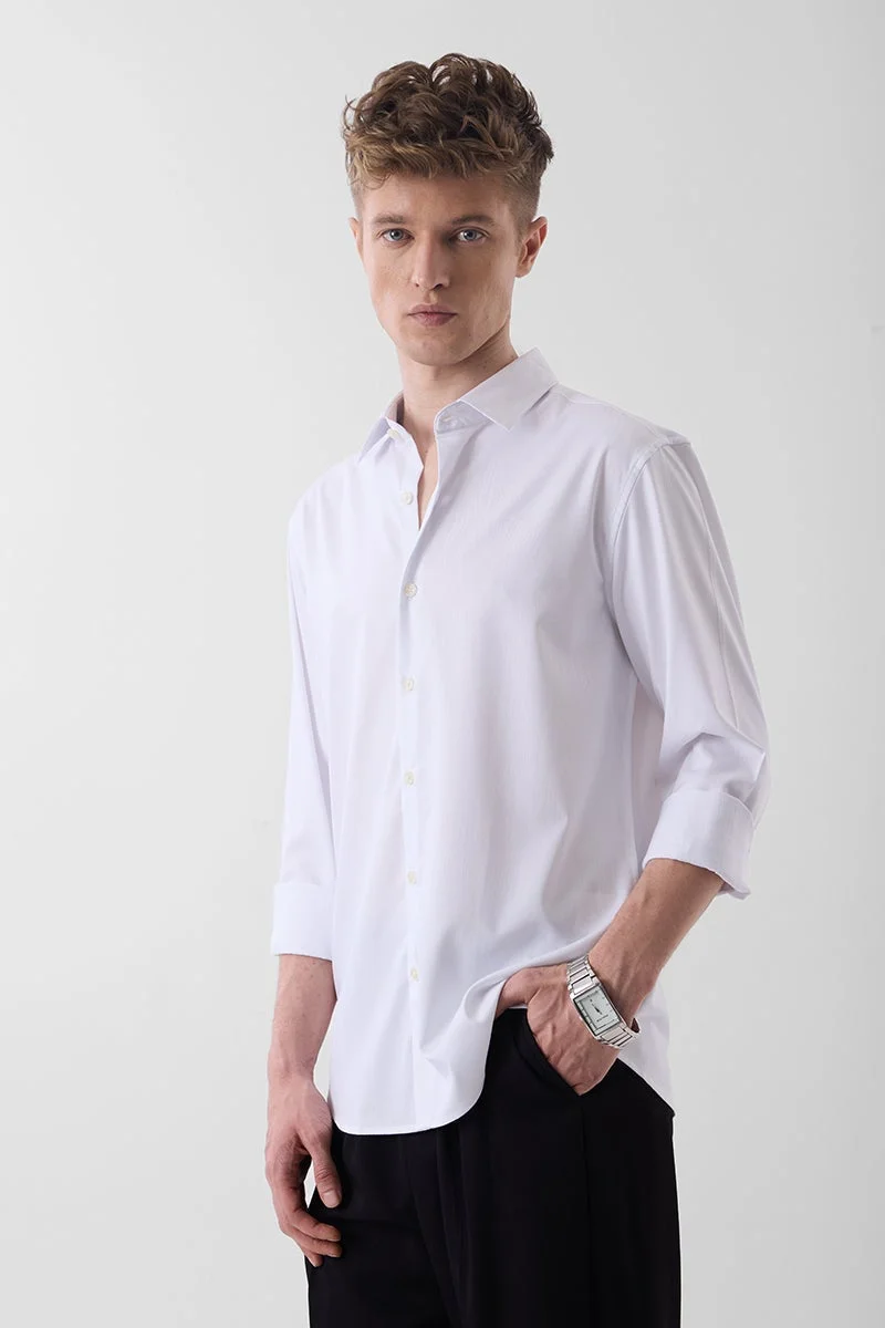سنيتش White Solid Long Sleeve Slim Fit Luxe Shirt