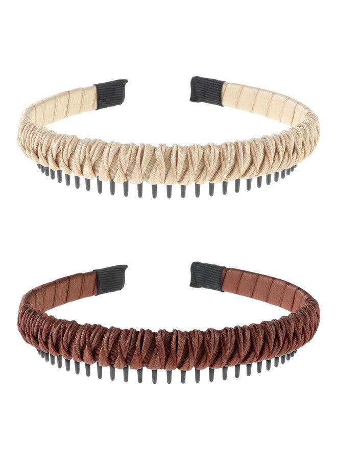 Sibba Non-Slip Zig Zag Headbands for Women with Teeth Comb, 2 Pack Comfortable Hair Bands Styling Tool for Short Hair (Khaki/Brown) - Image 1