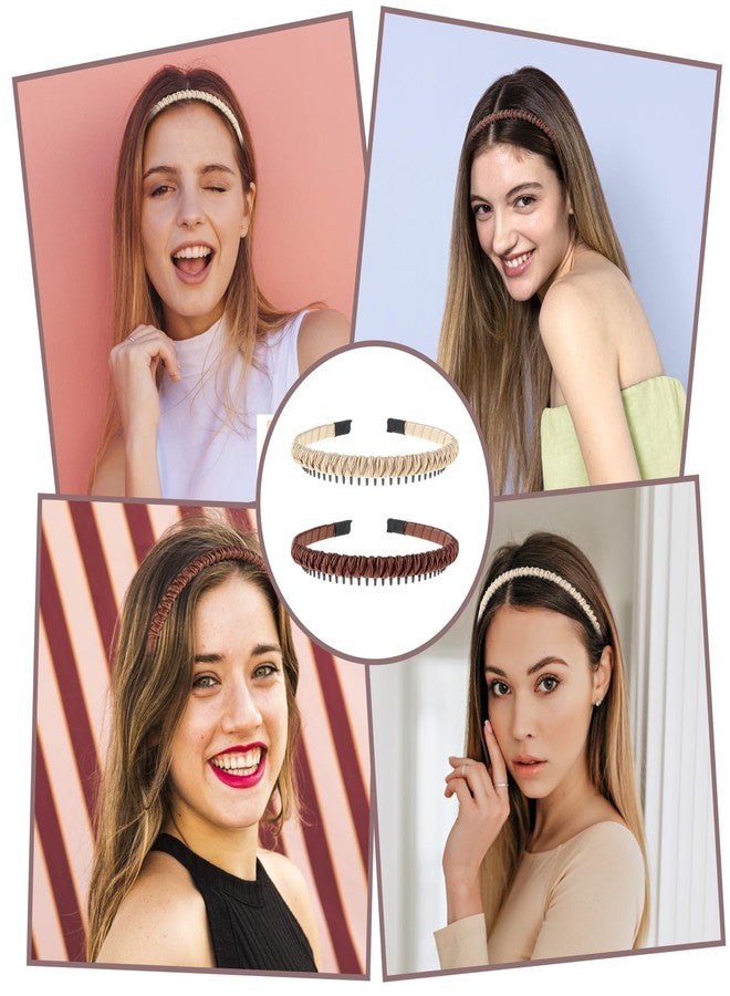 Sibba Non-Slip Zig Zag Headbands for Women with Teeth Comb, 2 Pack Comfortable Hair Bands Styling Tool for Short Hair (Khaki/Brown) - Image 5