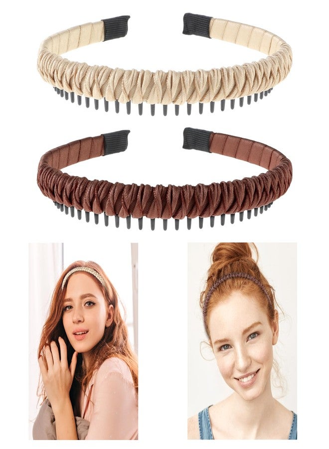Sibba Non-Slip Zig Zag Headbands for Women with Teeth Comb, 2 Pack Comfortable Hair Bands Styling Tool for Short Hair (Khaki/Brown) - Image 2