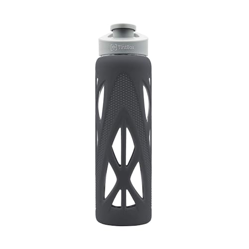 TintBox Borosilicate Glass Water Bottle with Silicone Sleeve | as seen on Shark Tank | perfect for Office, Home, Fridge, Gym, Travel | BPA Free | Lightning Grey | 750ml - Image 1