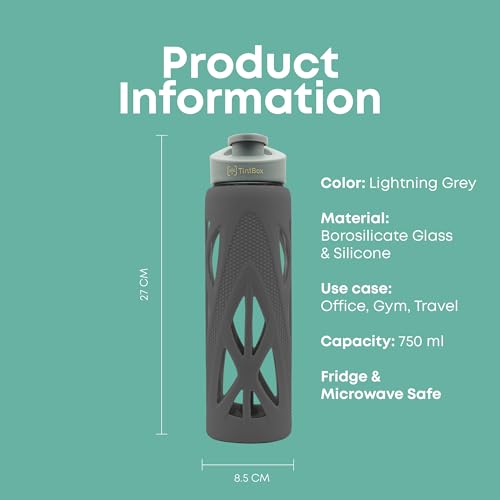 TintBox Borosilicate Glass Water Bottle with Silicone Sleeve | as seen on Shark Tank | perfect for Office, Home, Fridge, Gym, Travel | BPA Free | Lightning Grey | 750ml - Image 5