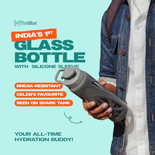 TintBox Borosilicate Glass Water Bottle with Silicone Sleeve | as seen on Shark Tank | perfect for Office, Home, Fridge, Gym, Travel | BPA Free | Lightning Grey | 750ml - Image 2