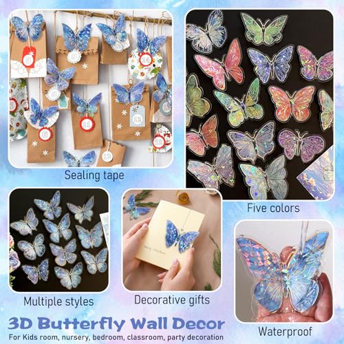 RAINBOW WSK 50 PCs Butterfly Wall Decor Cute Fairy Butterflies Wall Stickers 3D Butterflies for Birthday Cake Wedding Party Craft Room Decor Removable DIY Wall Decals sm- (Blue) - Image 2
