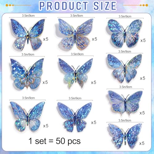 RAINBOW WSK 50 PCs Butterfly Wall Decor Cute Fairy Butterflies Wall Stickers 3D Butterflies for Birthday Cake Wedding Party Craft Room Decor Removable DIY Wall Decals sm- (Blue) - Image 4
