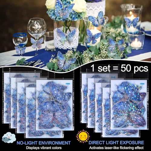 RAINBOW WSK 50 PCs Butterfly Wall Decor Cute Fairy Butterflies Wall Stickers 3D Butterflies for Birthday Cake Wedding Party Craft Room Decor Removable DIY Wall Decals sm- (Blue) - Image 3
