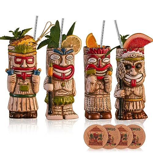SUN GKOTTA Cocktail Tiki Mugs Set Of 4 - Exotic Frosted Mug With 4 pack Straws And Coasters，Cute Ceramic Cocktail Glasses For Hawaiian Style Party，Tropical Cocktails Drinkware For Tiki Bar - Image 1