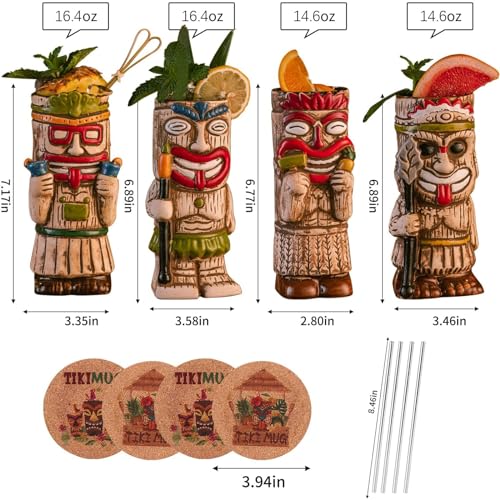 SUN GKOTTA Cocktail Tiki Mugs Set Of 4 - Exotic Frosted Mug With 4 pack Straws And Coasters，Cute Ceramic Cocktail Glasses For Hawaiian Style Party，Tropical Cocktails Drinkware For Tiki Bar - Image 2