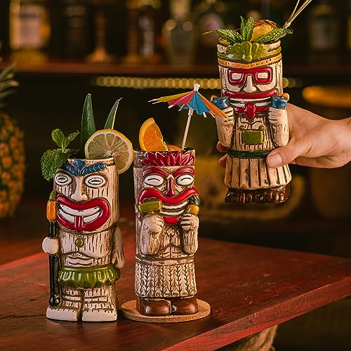 SUN GKOTTA Cocktail Tiki Mugs Set Of 4 - Exotic Frosted Mug With 4 pack Straws And Coasters，Cute Ceramic Cocktail Glasses For Hawaiian Style Party，Tropical Cocktails Drinkware For Tiki Bar - Image 3