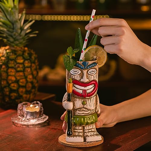 SUN GKOTTA Cocktail Tiki Mugs Set Of 4 - Exotic Frosted Mug With 4 pack Straws And Coasters，Cute Ceramic Cocktail Glasses For Hawaiian Style Party，Tropical Cocktails Drinkware For Tiki Bar - Image 5