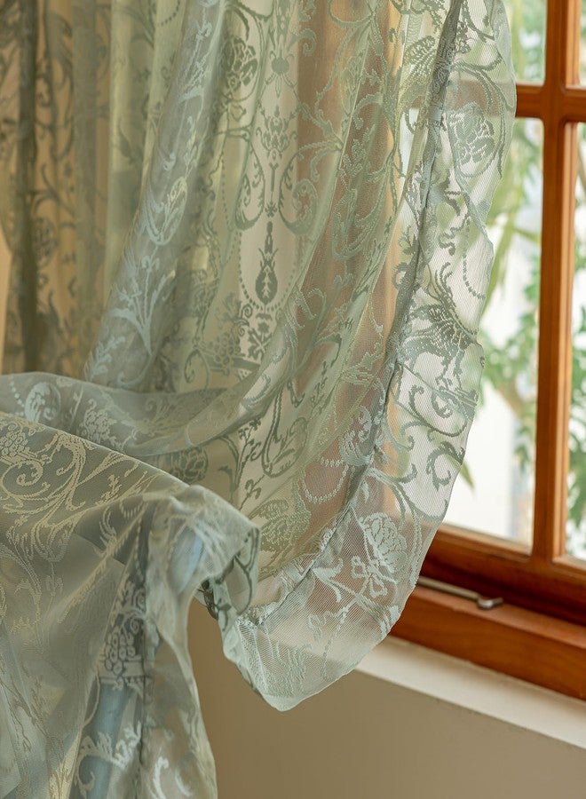 TUDECO Sage Green Lace Curtains 63 Inch Length - CottageCore Sheer Curtains for Bedroom, Cute Floral Frilly Scalloped Edges Light Filtering Rod Pocket Green Drapes 2 Panels, 59 x 63 Inch Sage Green - Image 3