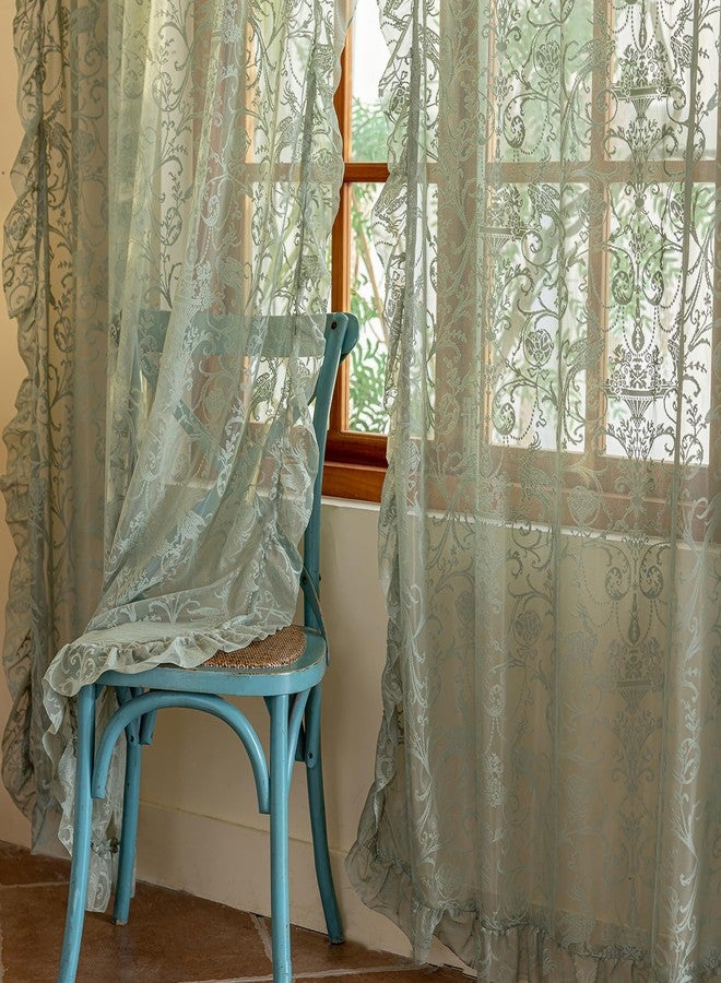 TUDECO Sage Green Lace Curtains 63 Inch Length - CottageCore Sheer Curtains for Bedroom, Cute Floral Frilly Scalloped Edges Light Filtering Rod Pocket Green Drapes 2 Panels, 59 x 63 Inch Sage Green - Image 4
