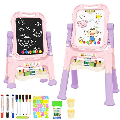 Amagoing Easel for Kids Adjustable Standing Art Easel for Toddler Double Side White Chalk Board with Painting Accessories Birthday Christmas Gift for Little Girls and Boy Age 3 4 5 Pink - Image 1