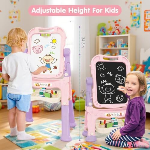 Amagoing Easel for Kids Adjustable Standing Art Easel for Toddler Double Side White Chalk Board with Painting Accessories Birthday Christmas Gift for Little Girls and Boy Age 3 4 5 Pink - Image 5