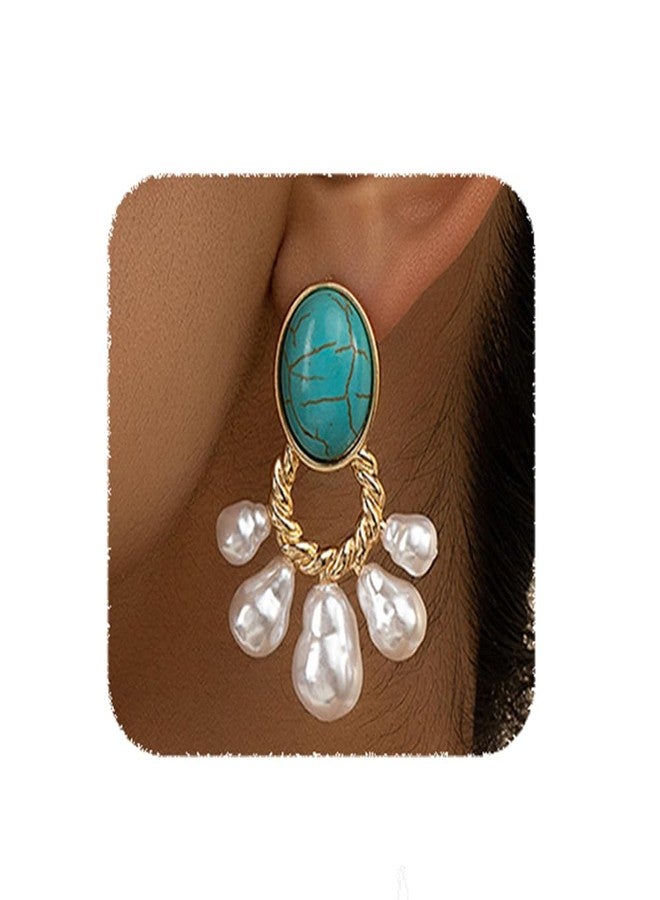 YERTTER Dainty Turquoise Faux Pearl Earrings Vintage Statement Dangle Earrings Pearl Tassel Drop Earrings for Women - Image 1