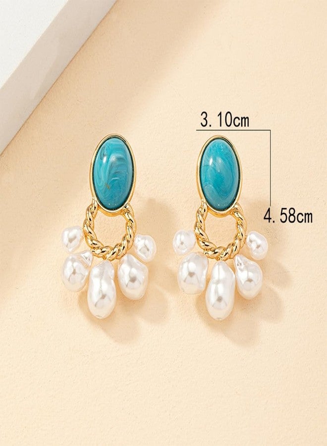 YERTTER Dainty Turquoise Faux Pearl Earrings Vintage Statement Dangle Earrings Pearl Tassel Drop Earrings for Women - Image 4