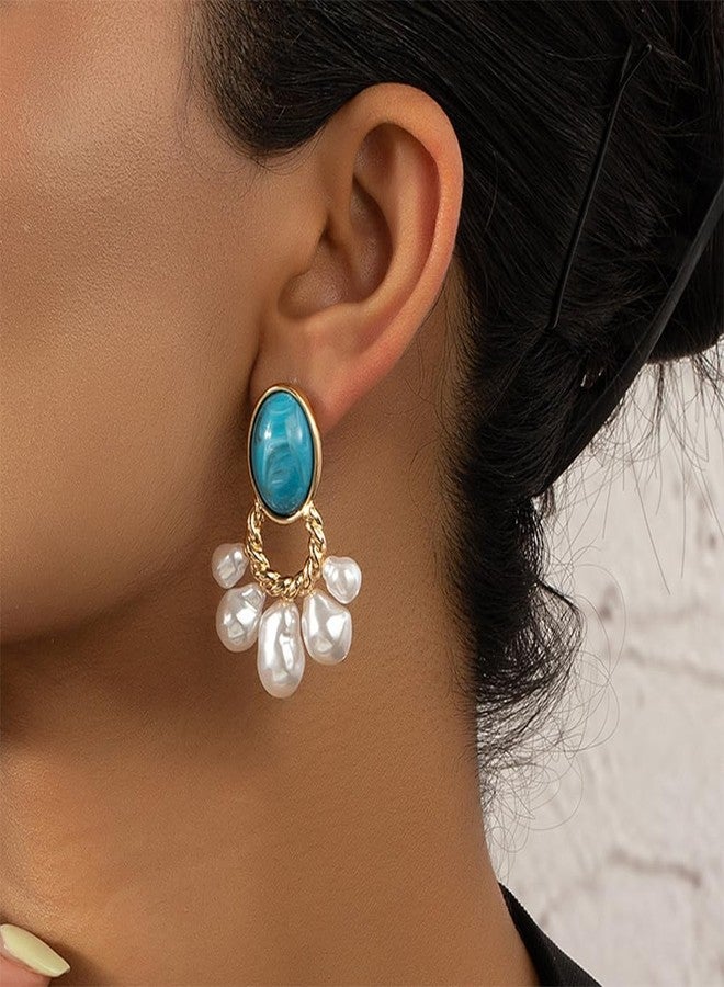 YERTTER Dainty Turquoise Faux Pearl Earrings Vintage Statement Dangle Earrings Pearl Tassel Drop Earrings for Women - Image 2