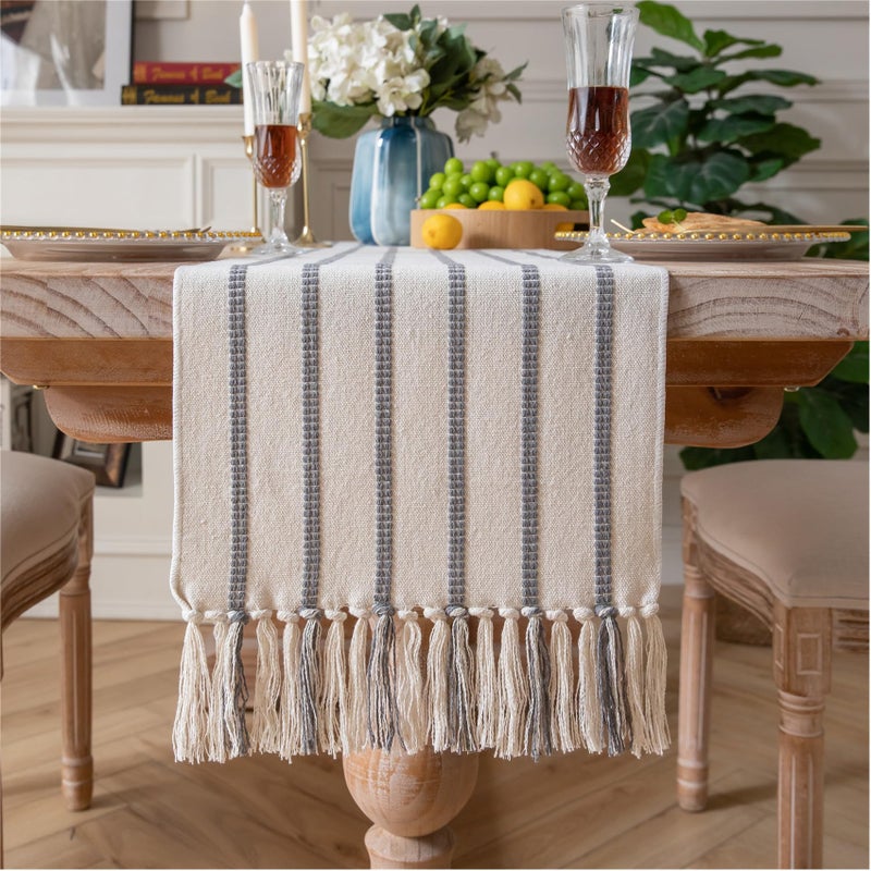 Caflife Boho Table Runner 90 Inchs Long Grey and Beige, Cotton and Linen Woven with Tassels, for Modern Rustic Farmhouse Neutral Table Runners, Bohemian Kitchen Dining Table Home Decor - Image 1
