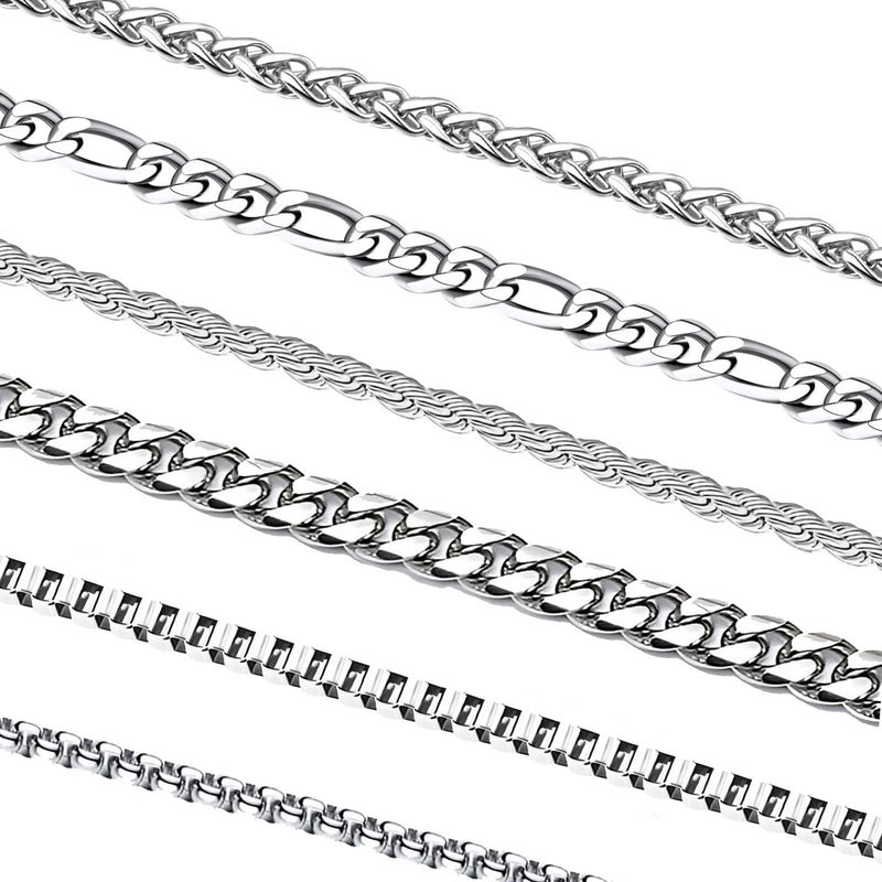 OLARCU 6 Pcs Silver Chains, Stainless Steel Cuban Link/Rope/Box/Figaro/Square Rolo/Wheat Chain Necklace Jewelry Set for Men Women, 18 inches - Image 1