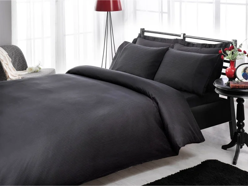 TA Premium Basic Duvet Cover Set Stripe Double Black