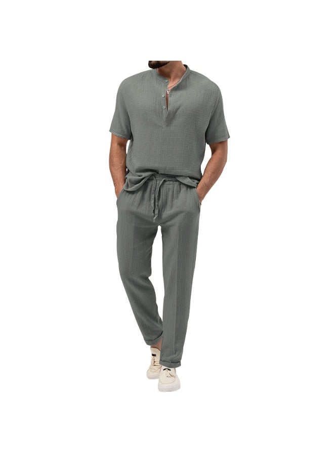 Men's Casual Pure Color T-Shirt Short Sleeve Shirt Pants Set Thin Summer - Image 1