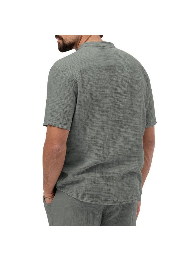 Men's Casual Pure Color T-Shirt Short Sleeve Shirt Pants Set Thin Summer - Image 2