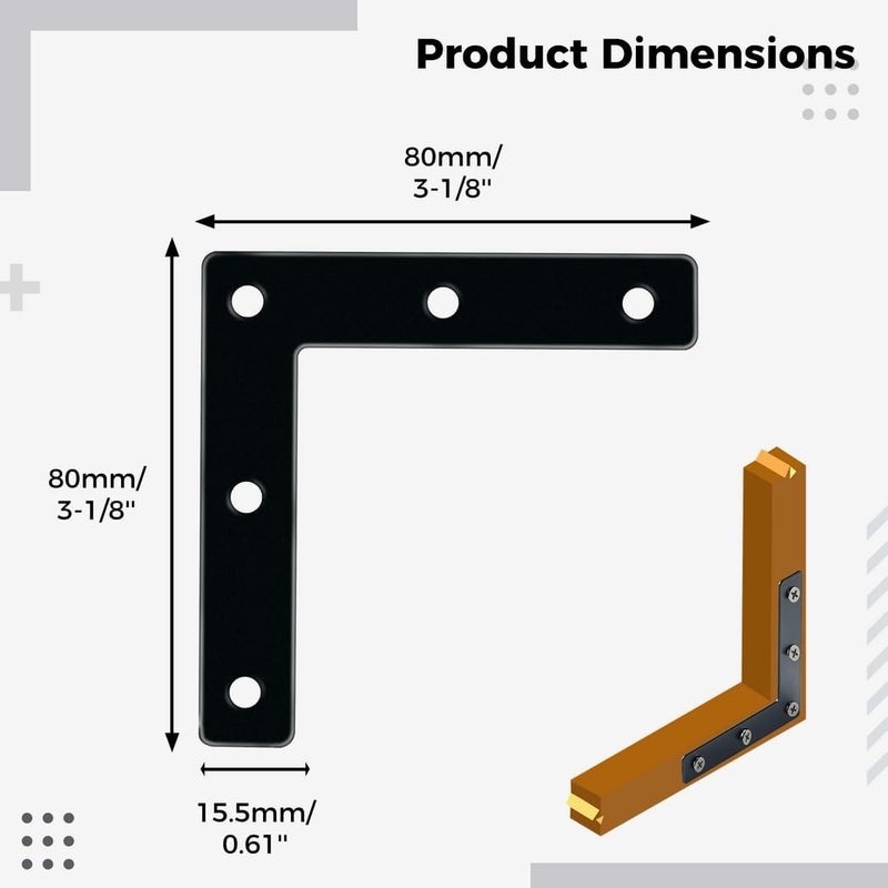 Set of 20 Flat Corner Braces, 3-1/8 Inch Right Angle Brackets for Furniture Repair, Accompanied by 100 Screws, Black Mending Plates - Image 5