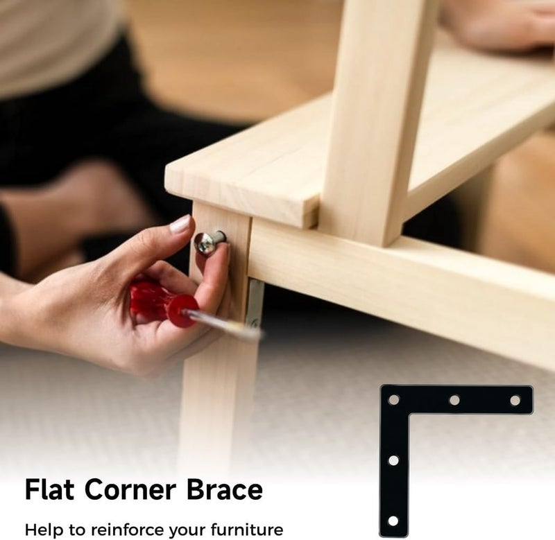 Set of 20 Flat Corner Braces, 3-1/8 Inch Right Angle Brackets for Furniture Repair, Accompanied by 100 Screws, Black Mending Plates - Image 2