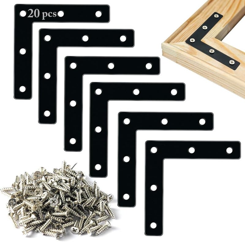 Set of 20 Flat Corner Braces, 3-1/8 Inch Right Angle Brackets for Furniture Repair, Accompanied by 100 Screws, Black Mending Plates - Image 1