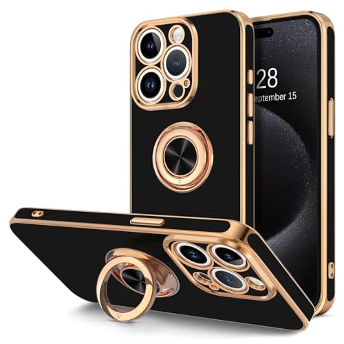 Hython for iPhone 15 Pro Max Case with Ring Stand, 360° Rotatable Ring Holder Magnetic Kickstand, Plating Rose Gold Edge Soft Cover Protective Phone Case for iPhone 15 Pro Max 6.7", Black - Image 1