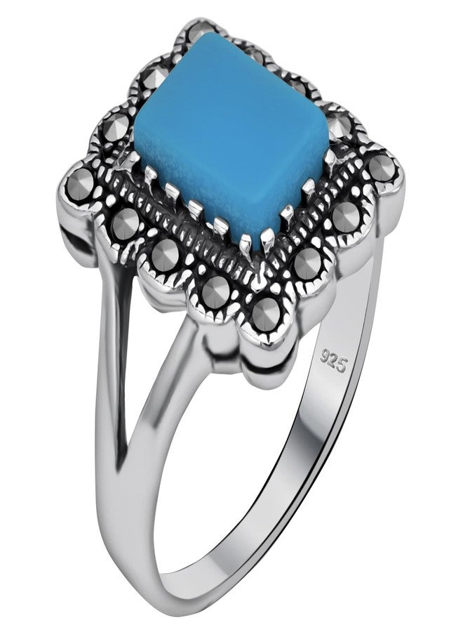 Alpha Rock Genuine Solid 925 Sterling Silver Simulated Turquoise Marcasite Accents Halo Ring, Statement Engagement Promise Wedding Birthstone Oxidized Fine Ring, Gift for Women (Simulated Turquoise F, 6) - Image 1