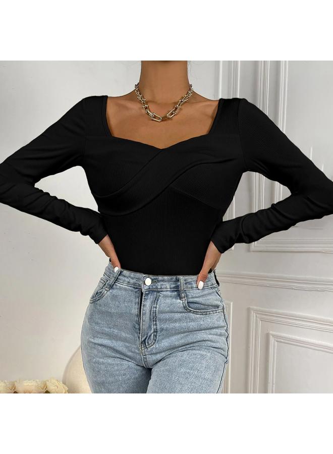 European And American Women's New Spot Close-fitting Waist Chicken Heart Collar Knitted Long Sleeve T-shirt Commuter Jacket