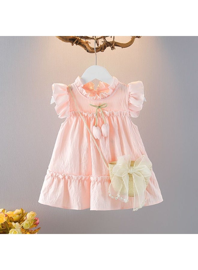 A.M Summer Solid Tulip Little Flying Sleeves Dress for Kids Girl Cute Pink Princess Dress for Baby Children with   Small Hand Bag - Image 2
