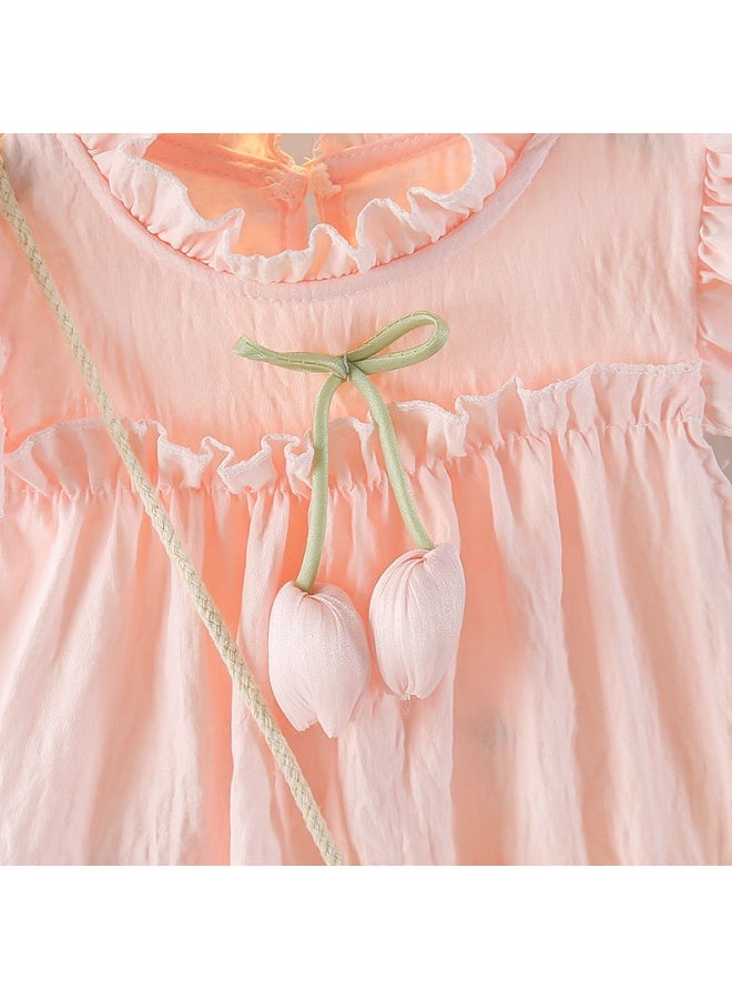 A.M Summer Solid Tulip Little Flying Sleeves Dress for Kids Girl Cute Pink Princess Dress for Baby Children with   Small Hand Bag - Image 5