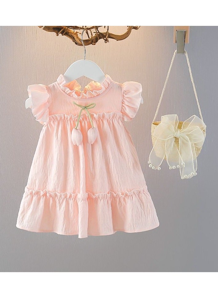 A.M Summer Solid Tulip Little Flying Sleeves Dress for Kids Girl Cute Pink Princess Dress for Baby Children with   Small Hand Bag - Image 1