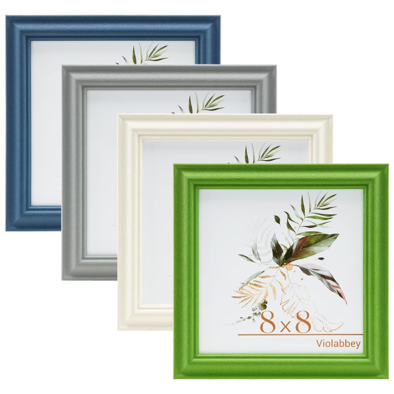 VIOLABBEY 8x8 Picture Frame Set of 4  8 x 8 Square Picture/Photo Frame for Wall Mounted or Tabletop Display  Real Glass  Family Friends Gift (Green+White+Grey+Blue) - Image 1