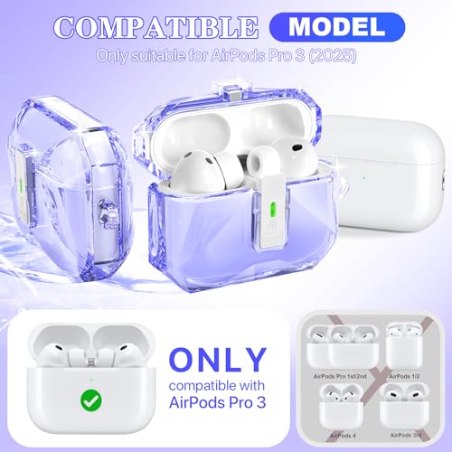 R-fun Rfun for AirPods Pro 3 Case Transparent NonYellowing with Cleaning Kit Keychain Auto PopUp Lid Design for AirPods Pro 3rd Generation Case Compatible with Magsafe Clear Purple - Image 3