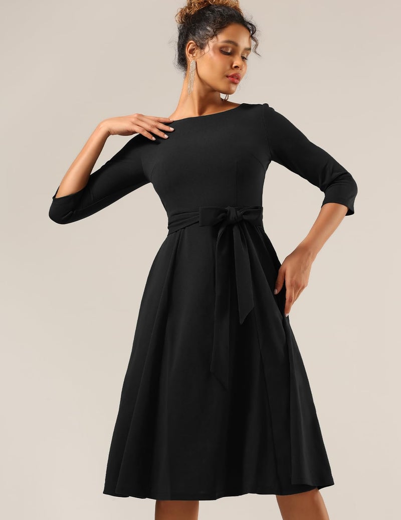 DRESSTELLS Wedding Guest Dresses for Women, Vintage Cocktail Dress Knee Length, 3/4 Sleeve Fit and Flare, Church Formal 1950s A Line Tea Party Prom Midi Funeral, Black L - Image 5