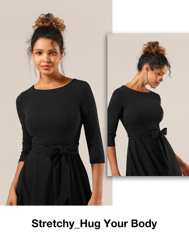 DRESSTELLS Wedding Guest Dresses for Women, Vintage Cocktail Dress Knee Length, 3/4 Sleeve Fit and Flare, Church Formal 1950s A Line Tea Party Prom Midi Funeral, Black L - Image 4