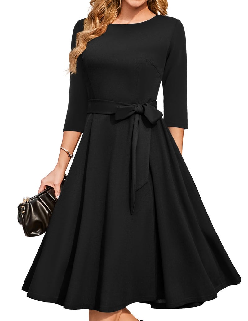 DRESSTELLS Wedding Guest Dresses for Women, Vintage Cocktail Dress Knee Length, 3/4 Sleeve Fit and Flare, Church Formal 1950s A Line Tea Party Prom Midi Funeral, Black L - Image 1