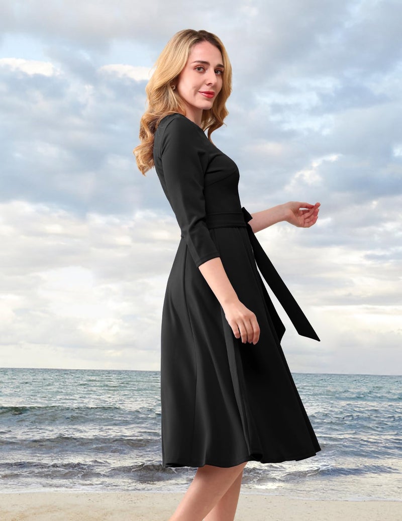DRESSTELLS Wedding Guest Dresses for Women, Vintage Cocktail Dress Knee Length, 3/4 Sleeve Fit and Flare, Church Formal 1950s A Line Tea Party Prom Midi Funeral, Black L - Image 3