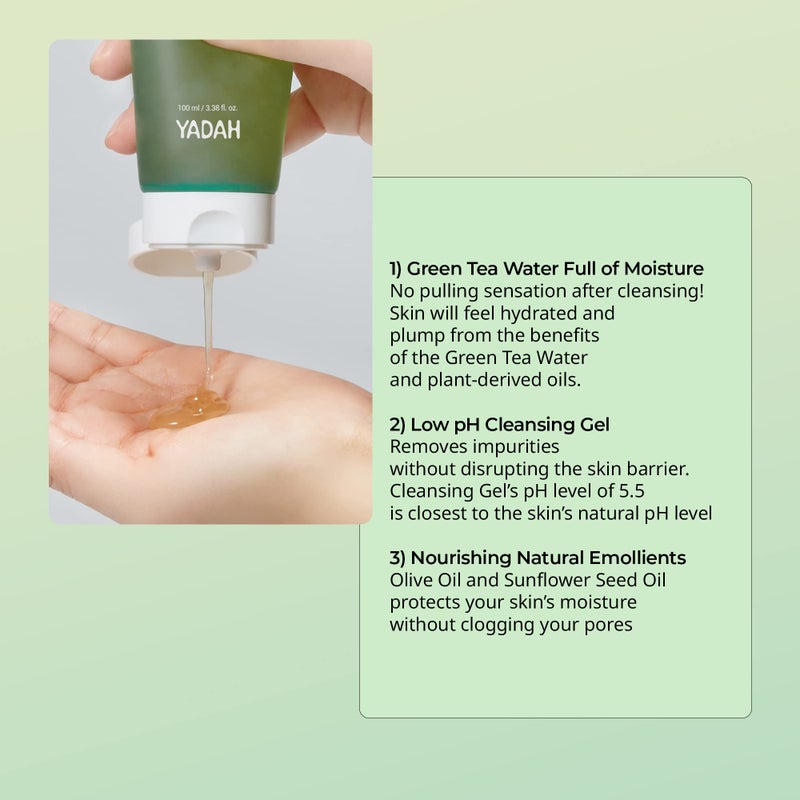 YADAH Green Tea Pure Cleansing Gel, 3.4 Fl Oz & Cactus Soothing Gel (8.45fl oz) pH Balanced Foaming Gel Cleanser Vegan Sunburn Relief Korean Skin Care - Image 3