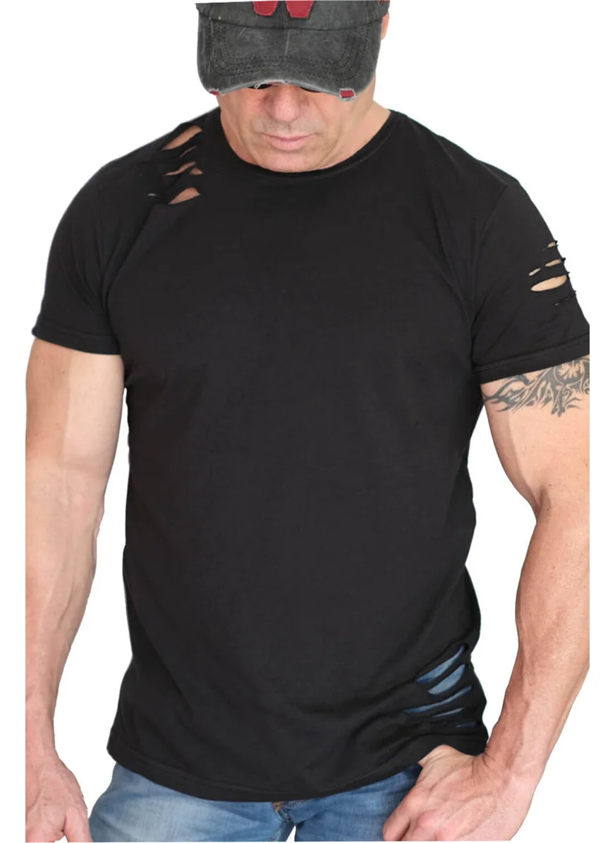 Rock&Roll Plain, Unprinted Black Short Sleeve Ripped T-Shirt