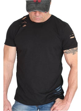 Rock&Roll Plain, Unprinted Black Short Sleeve Ripped T-Shirt 
