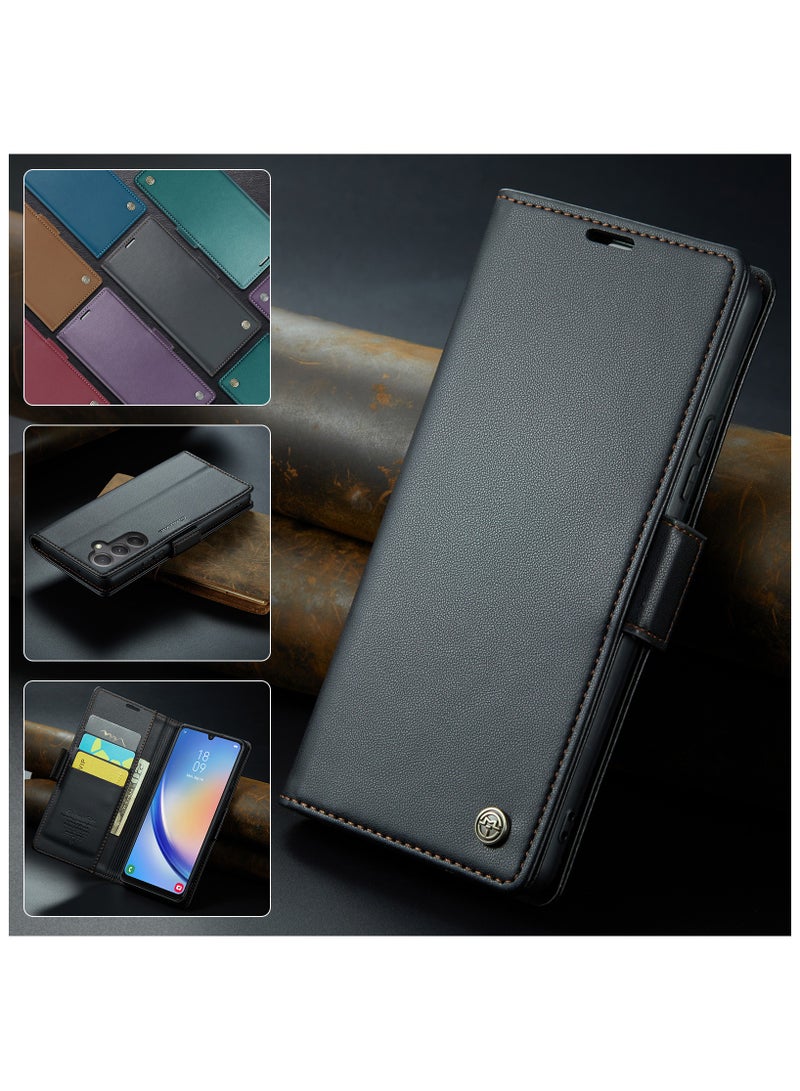Flip Wallet Case for Samsung Galaxy A34, Leather Magnetic Attachment Flip Case black  - Image 4