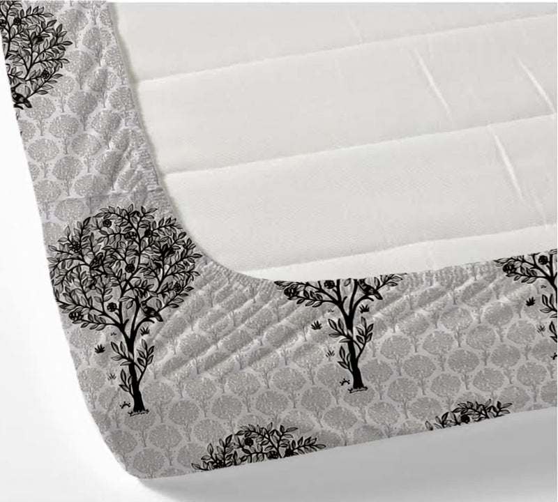 Temoli® Premium Cotton Elastic Fitted Bedsheet King Size 72X78X8 Inch with 2 King Size Pillow Covers 18x28 Inch (Tree-Grey) - Image 3