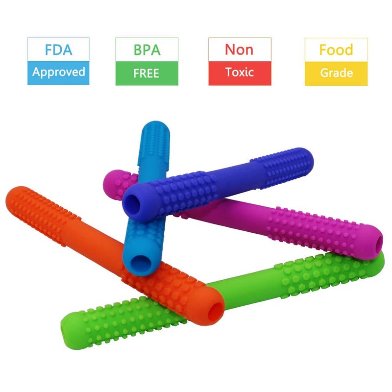 Atsky Hollow Teething Tubes Toys for Babies Girls Boys, 6 Pack Silicone Baby Teether Toy Tube for Infants with Nursing Biting Chewing, Chew Straws for Toddlers 6-12 Months (Style A) - Image 2
