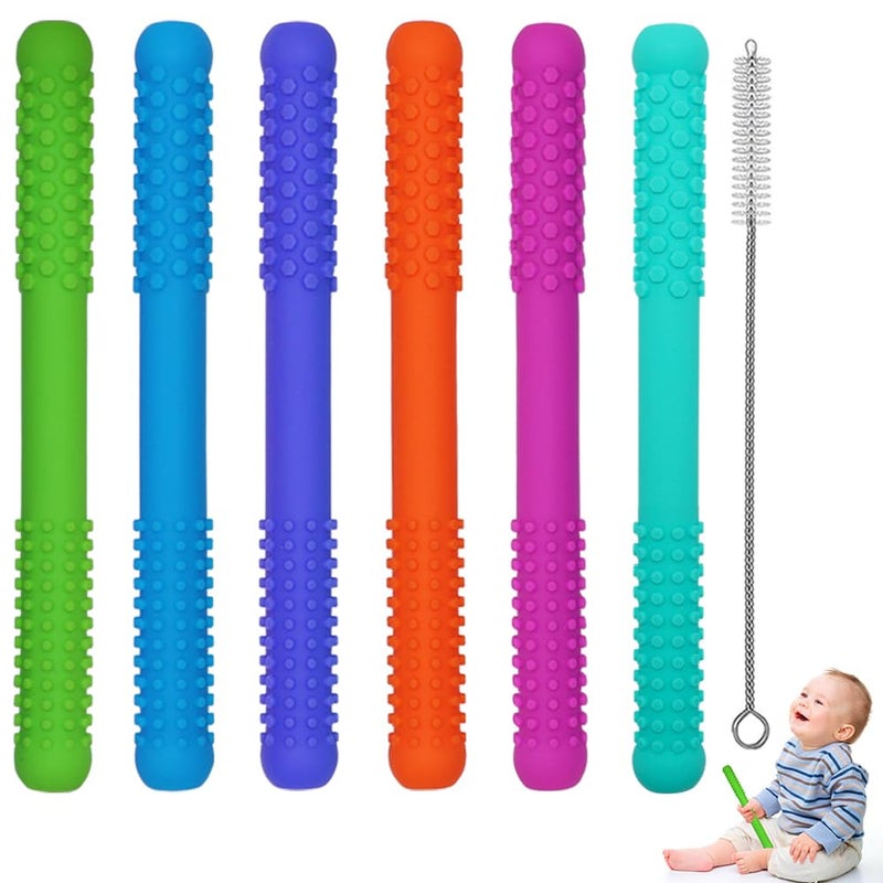 Atsky Hollow Teething Tubes Toys for Babies Girls Boys, 6 Pack Silicone Baby Teether Toy Tube for Infants with Nursing Biting Chewing, Chew Straws for Toddlers 6-12 Months (Style A) - Image 1