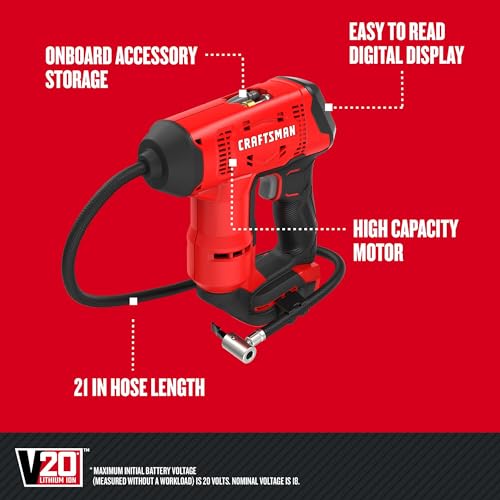 CRAFTSMAN V20 Air Compressor Portable, Cordless Tire Inflator, Up To 150 PSI Tire Pump, with Digital Pressure Gauge, Tool Only (CMCE521B) - Image 2